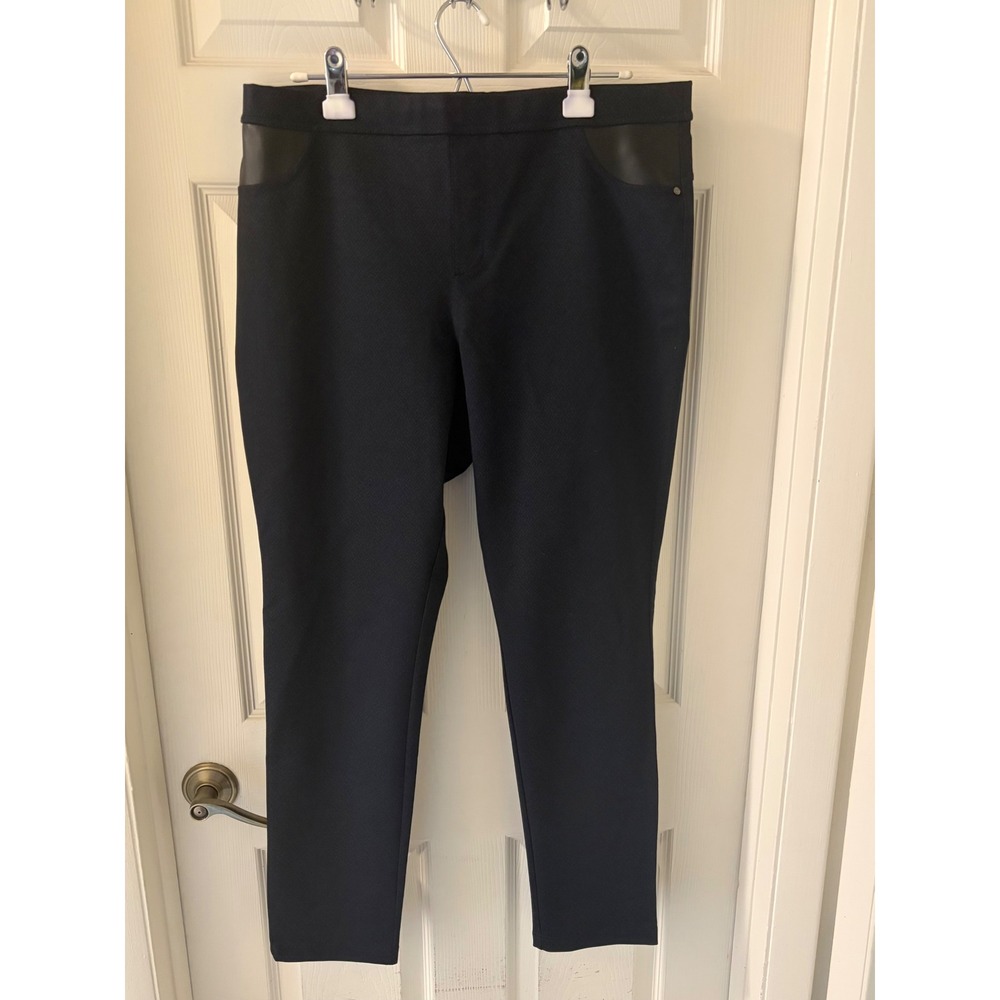 DKNY Jeans Womens XL Navy Blue Faux Leather Trim Textured Pull On Leggings Pants